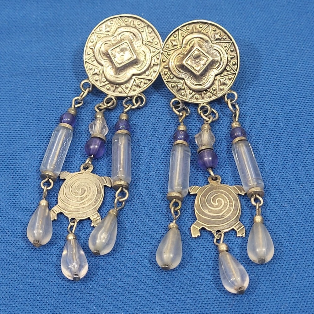 Vintage Silvertone Dangle Beaded Turtle Earrings Western Style